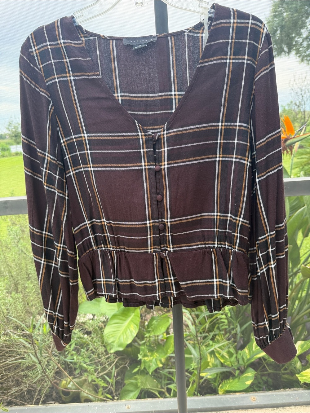 Sanctuary Brown Plaid Button-Front Peplum Blouse